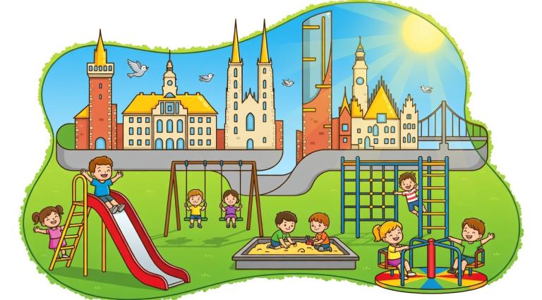 Plac zabaw na tle budynków Opola i Wrocławia 